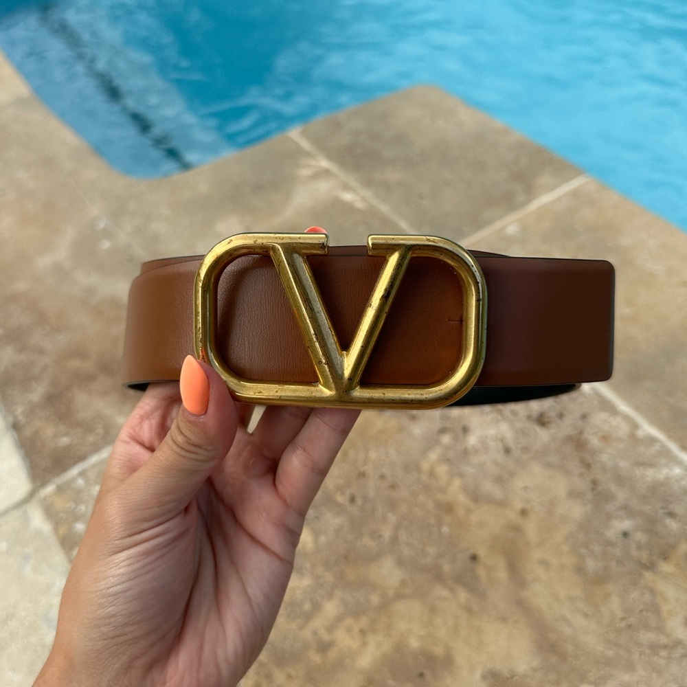 Valentino Garavani Brown Leather Belt with Gold V Logo Buckle
